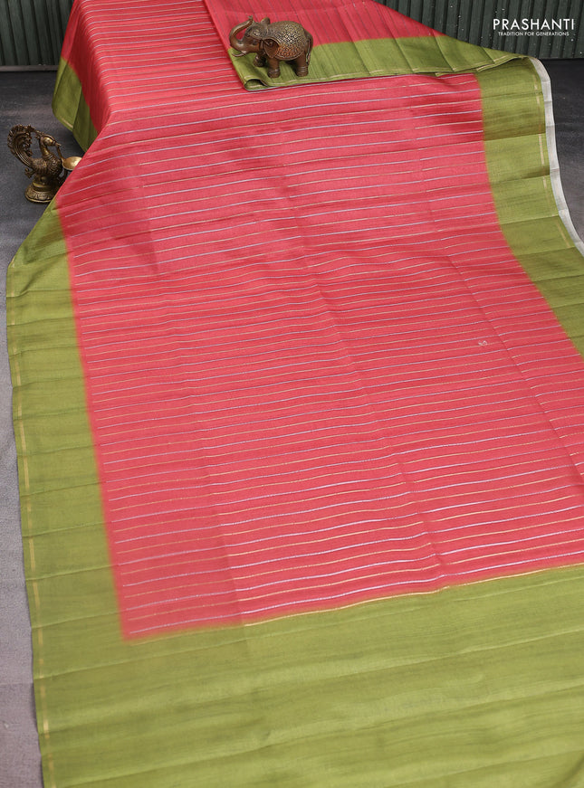 Semi tussar saree red and light green with allover silver & gold zari weaves and simple zari border