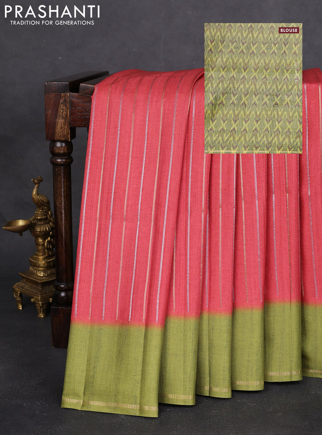 Semi tussar saree red and light green with allover silver & gold zari weaves and simple zari border