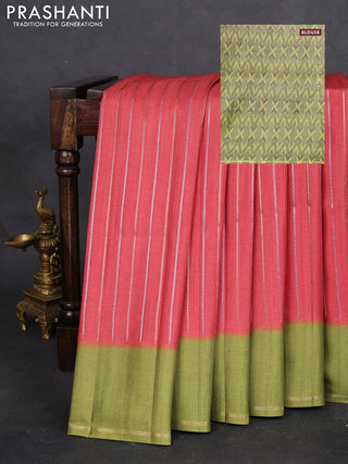 Semi tussar saree red and light green with allover silver & gold zari weaves and simple zari border