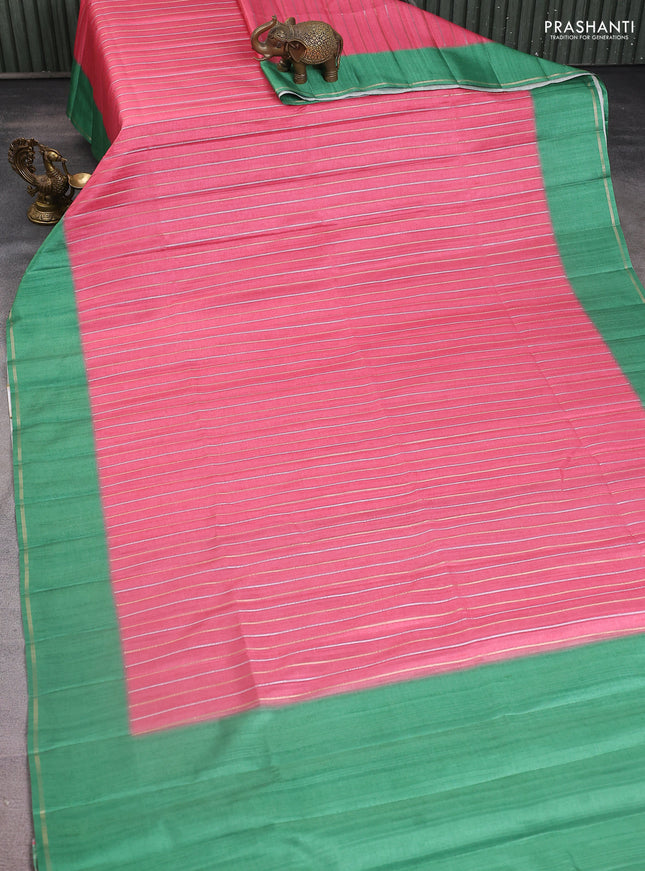 Semi tussar saree peach pink and green with allover silver & gold zari weaves and simple zari border