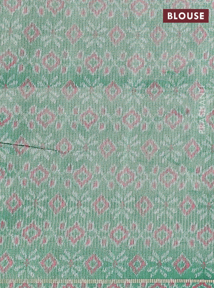 Semi tussar saree peach pink and green with allover silver & gold zari weaves and simple zari border