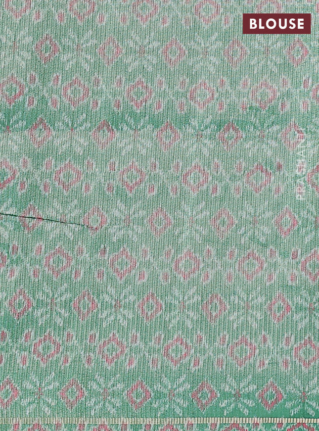 Semi tussar saree peach pink and green with allover silver & gold zari weaves and simple zari border