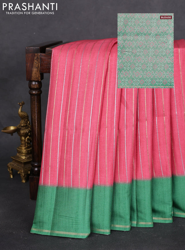 Semi tussar saree peach pink and green with allover silver & gold zari weaves and simple zari border