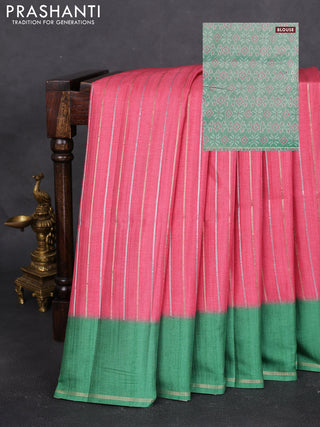 Semi tussar saree peach pink and green with allover silver & gold zari weaves and simple zari border