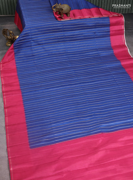 Semi tussar saree peacock blue and pink with allover silver & gold zari weaves and simple zari border