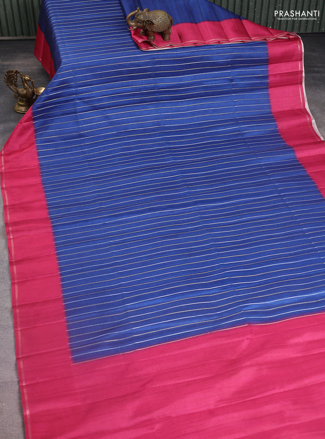 Semi tussar saree peacock blue and pink with allover silver & gold zari weaves and simple zari border