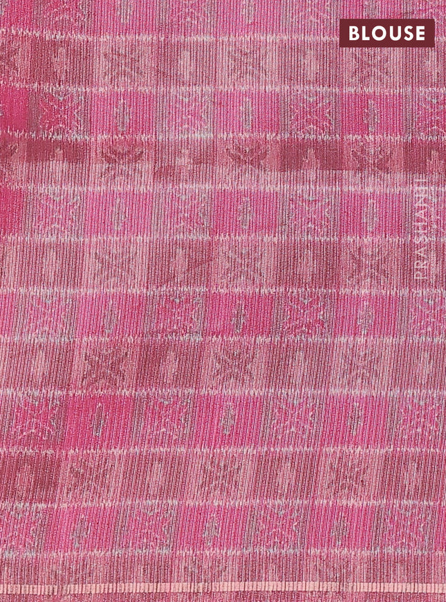 Semi tussar saree peacock blue and pink with allover silver & gold zari weaves and simple zari border