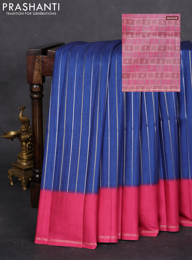 Semi tussar saree peacock blue and pink with allover silver & gold zari weaves and simple zari border