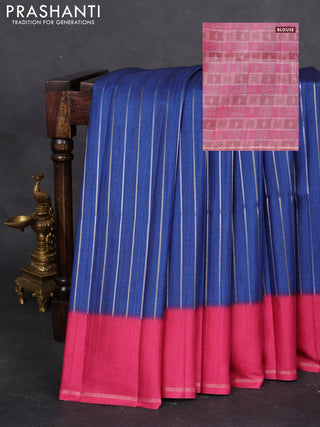 Semi tussar saree peacock blue and pink with allover silver & gold zari weaves and simple zari border