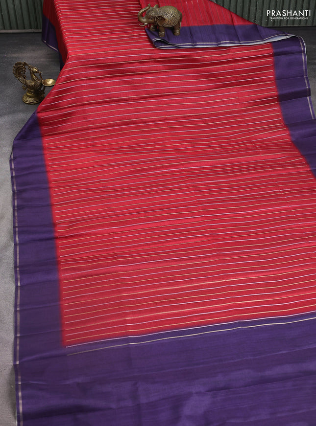 Semi tussar saree maroon and navy blue with allover silver & gold zari weaves and simple zari border