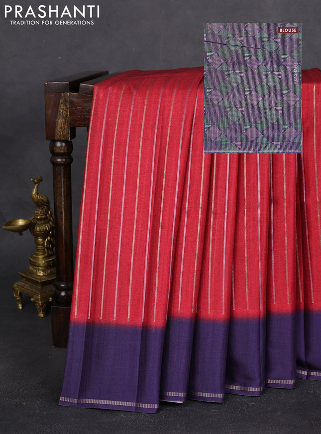 Semi tussar saree maroon and navy blue with allover silver & gold zari weaves and simple zari border