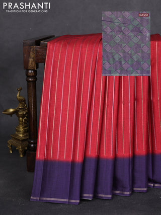 Semi tussar saree maroon and navy blue with allover silver & gold zari weaves and simple zari border