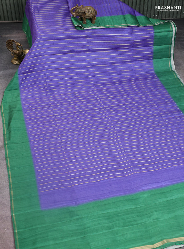 Semi tussar saree violet shade and green with allover silver & gold zari weaves and simple zari border