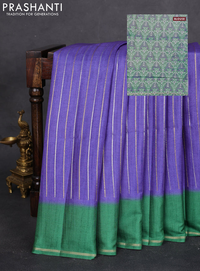 Semi tussar saree violet shade and green with allover silver & gold zari weaves and simple zari border