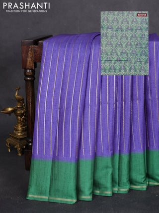 Semi tussar saree violet shade and green with allover silver & gold zari weaves and simple zari border