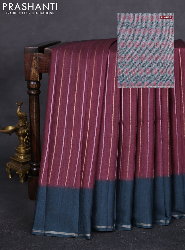Semi tussar saree deep maroon and dark peacock green with allover silver & gold zari weaves and simple zari border