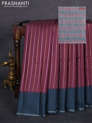 Semi tussar saree deep maroon and dark peacock green with allover silver & gold zari weaves and simple zari border