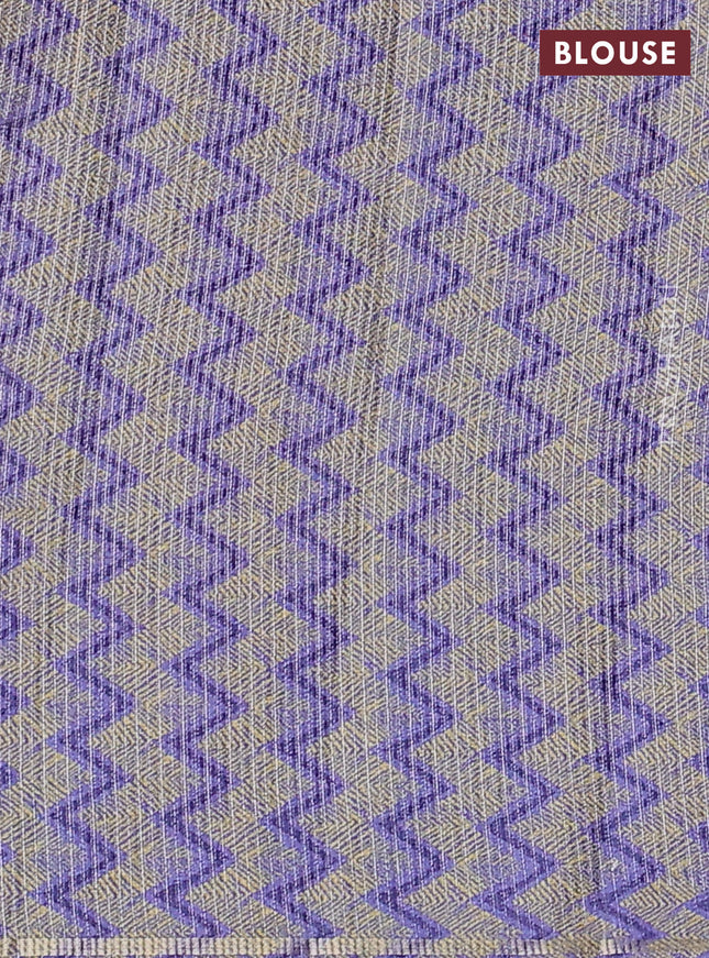 Semi tussar saree sandal and violet with allover silver & gold zari weaves and simple zari border