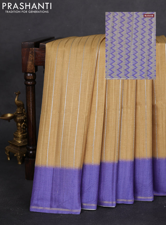 Semi tussar saree sandal and violet with allover silver & gold zari weaves and simple zari border