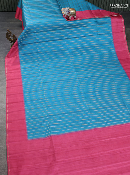 Semi tussar saree teal blue and pink with allover silver & gold zari weaves and simple zari border