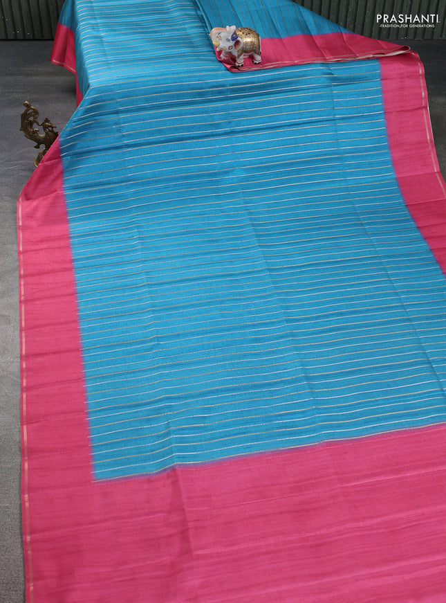 Semi tussar saree teal blue and pink with allover silver & gold zari weaves and simple zari border