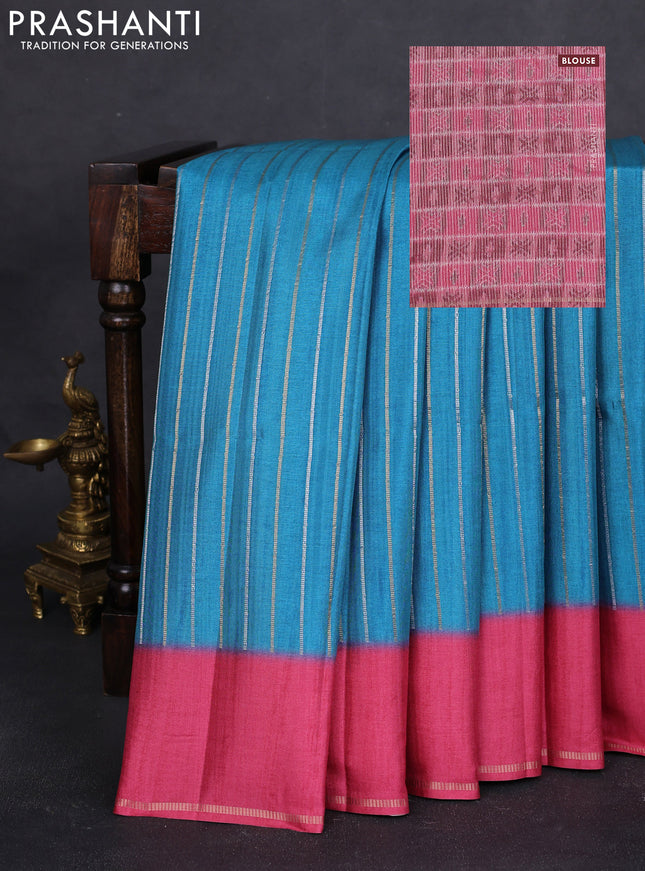 Semi tussar saree teal blue and pink with allover silver & gold zari weaves and simple zari border
