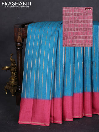 Semi tussar saree teal blue and pink with allover silver & gold zari weaves and simple zari border