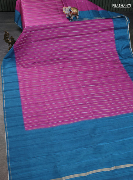 Semi tussar saree magenta pink and blue with allover silver & gold zari weaves and simple zari border