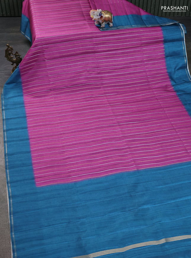 Semi tussar saree magenta pink and blue with allover silver & gold zari weaves and simple zari border