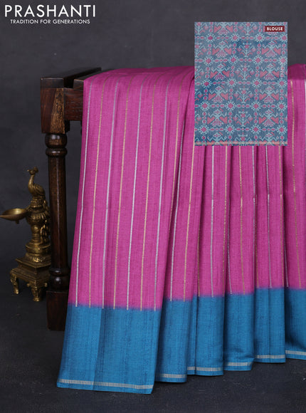 Semi tussar saree magenta pink and blue with allover silver & gold zari weaves and simple zari border