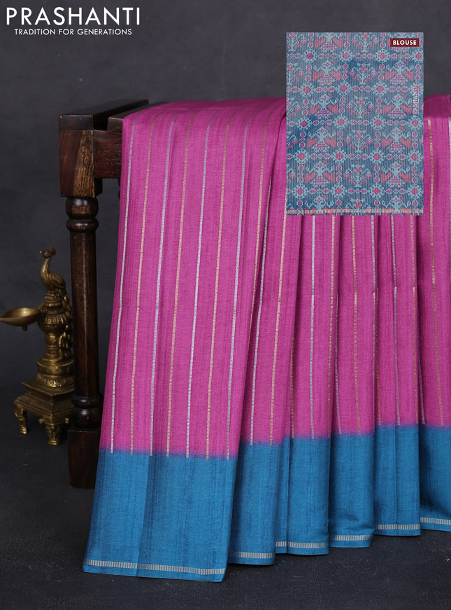Semi tussar saree magenta pink and blue with allover silver & gold zari weaves and simple zari border
