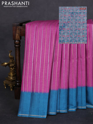 Semi tussar saree magenta pink and blue with allover silver & gold zari weaves and simple zari border