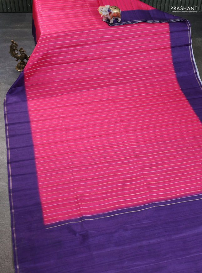 Semi tussar saree pink and violet with allover silver & gold zari weaves and simple zari border