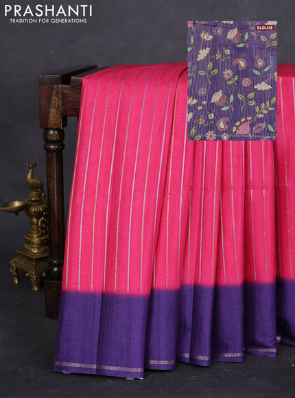 Semi tussar saree pink and violet with allover silver & gold zari weaves and simple zari border