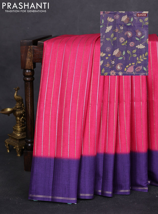 Semi tussar saree pink and violet with allover silver & gold zari weaves and simple zari border