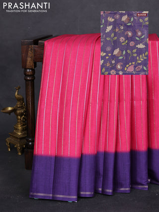 Semi tussar saree pink and violet with allover silver & gold zari weaves and simple zari border