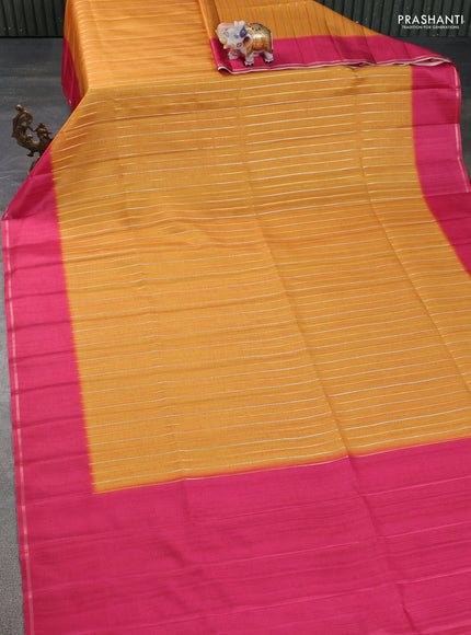 Semi tussar saree mango yellow and pink with allover silver & gold zari weaves and simple zari border
