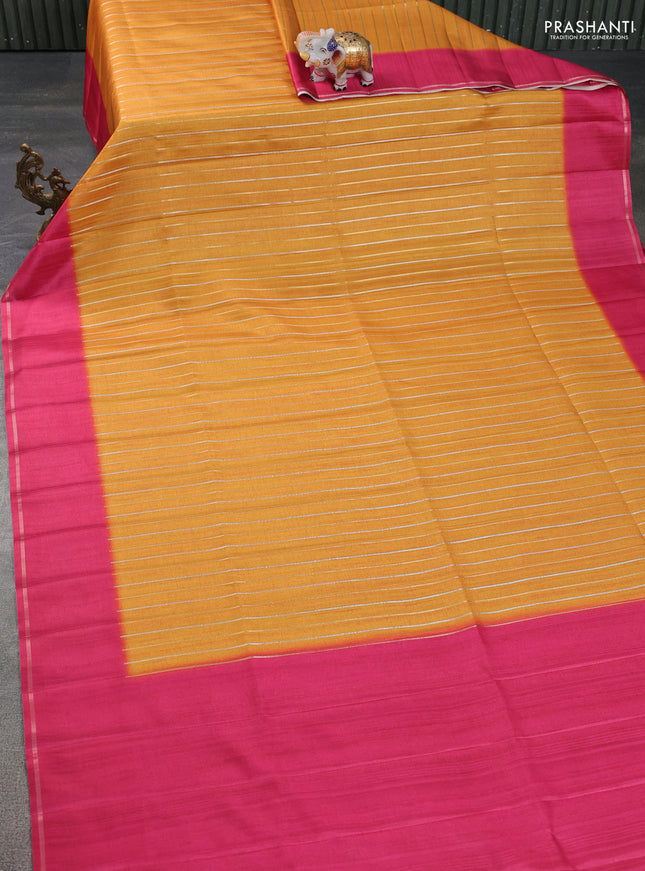 Semi tussar saree mango yellow and pink with allover silver & gold zari weaves and simple zari border