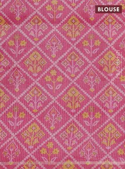 Semi tussar saree mango yellow and pink with allover silver & gold zari weaves and simple zari border