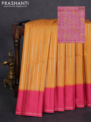 Semi tussar saree mango yellow and pink with allover silver & gold zari weaves and simple zari border