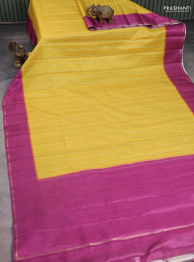 Semi tussar saree mustard yellow and magenta pink with allover silver & gold zari weaves and simple zari border