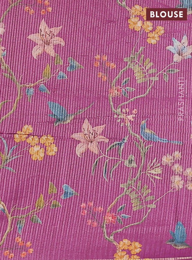 Semi tussar saree mustard yellow and magenta pink with allover silver & gold zari weaves and simple zari border