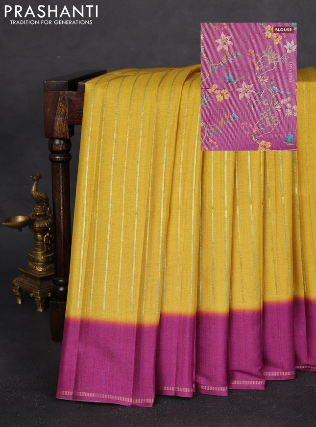 Semi tussar saree mustard yellow and magenta pink with allover silver & gold zari weaves and simple zari border