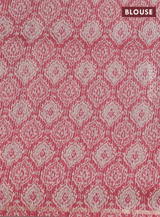 Semi tussar saree green and peach pink with allover silver & gold zari weaves and simple zari border