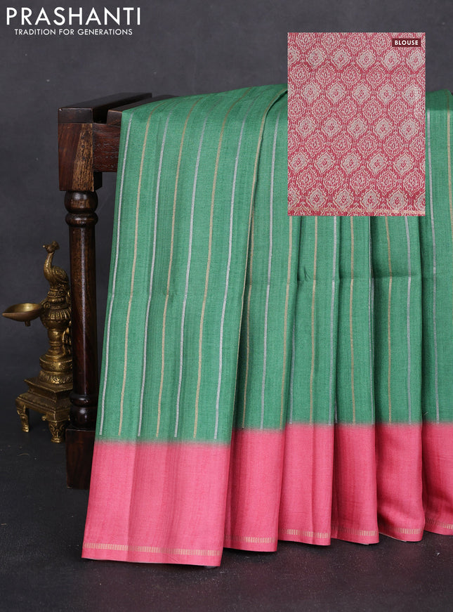 Semi tussar saree green and peach pink with allover silver & gold zari weaves and simple zari border
