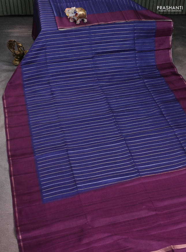 Semi tussar saree navy blue and wine shade with allover silver & gold zari weaves and simple zari border