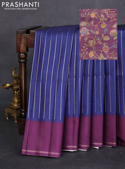 Semi tussar saree navy blue and wine shade with allover silver & gold zari weaves and simple zari border