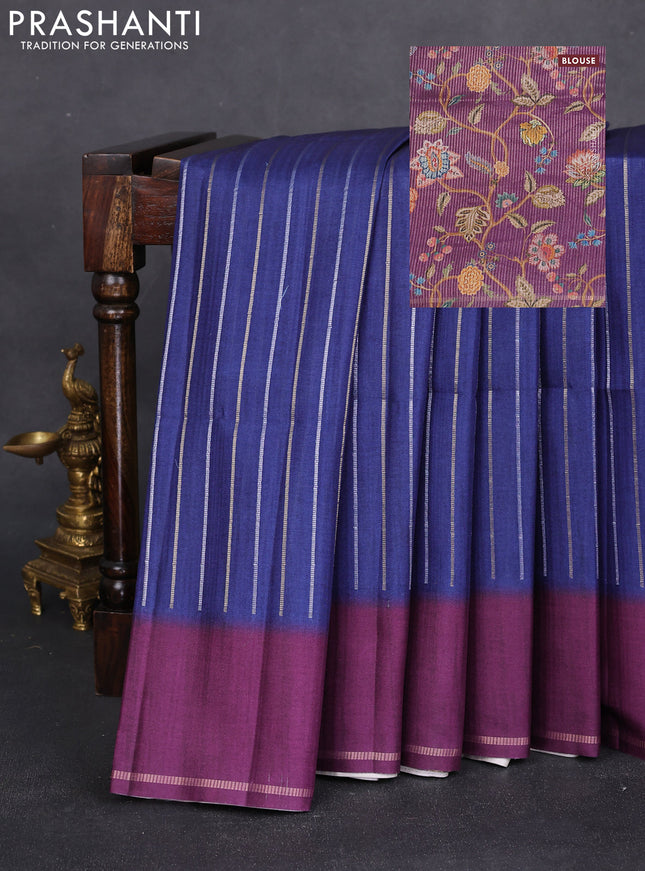 Semi tussar saree navy blue and wine shade with allover silver & gold zari weaves and simple zari border