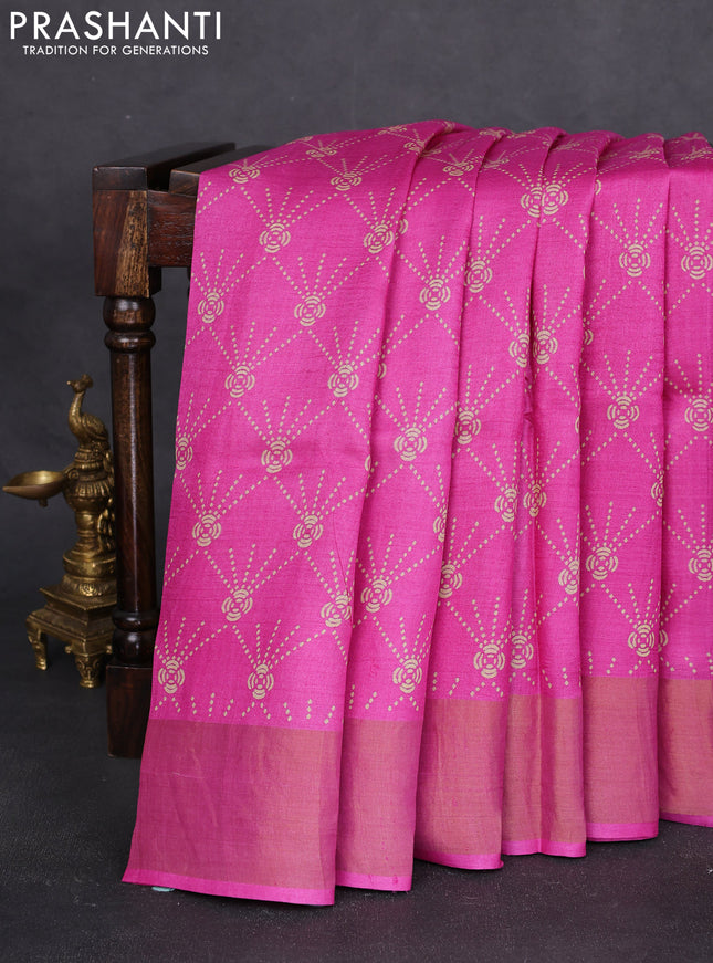 Pure tussar silk saree pink with allover prints and zari woven border
