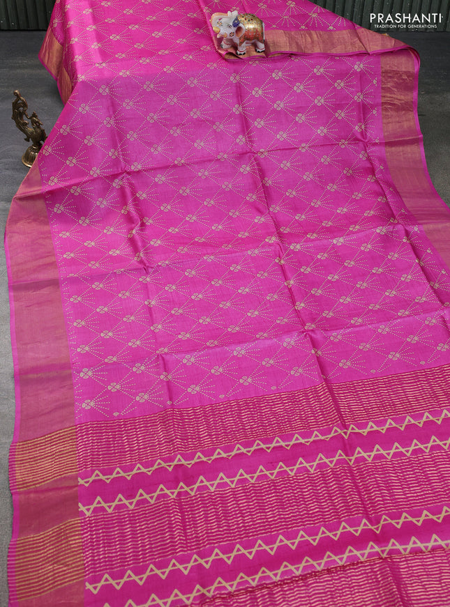 Pure tussar silk saree pink with allover prints and zari woven border